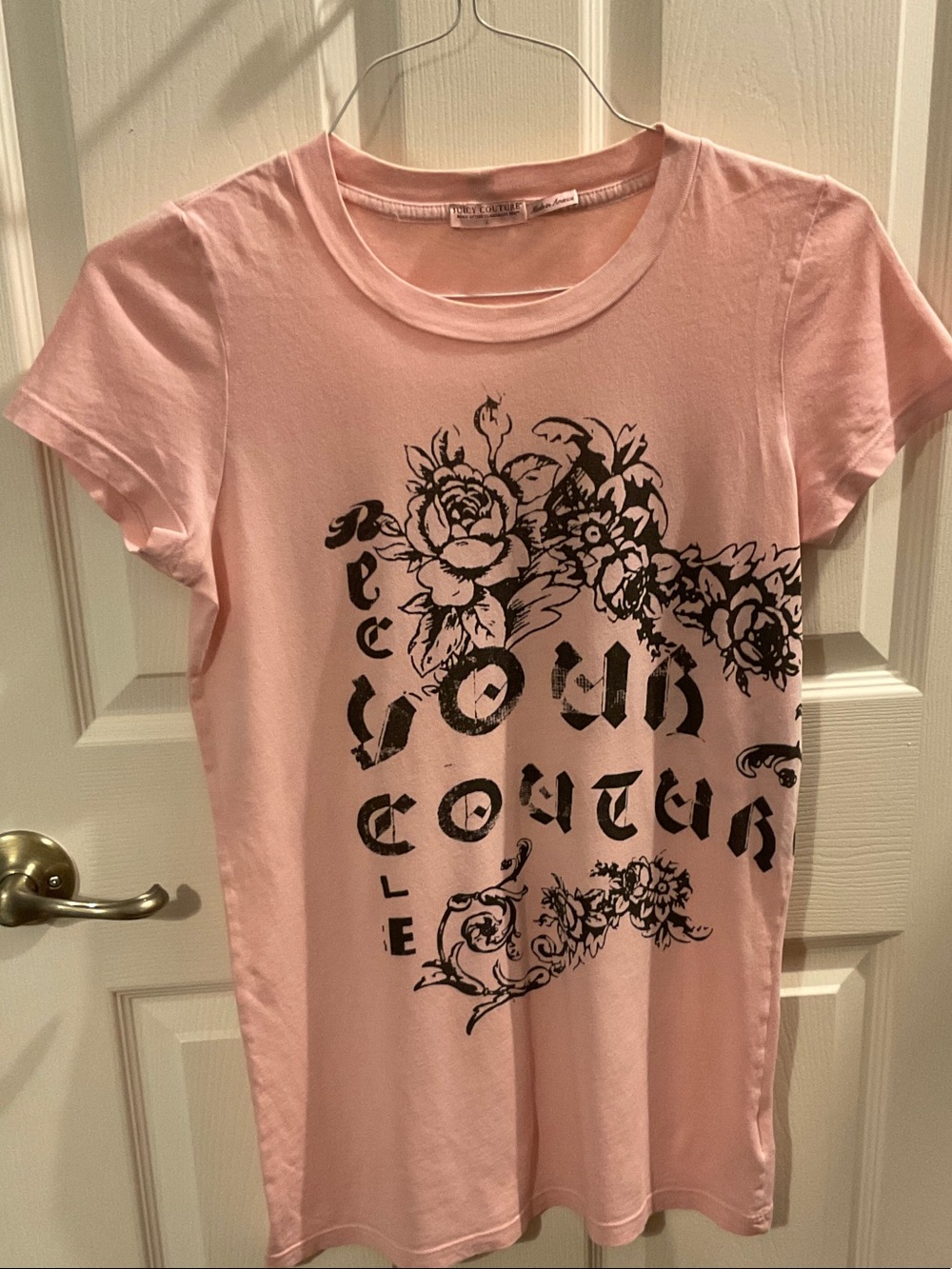 Juicy Couture Pink Tee with Black Floral Logo Graphic